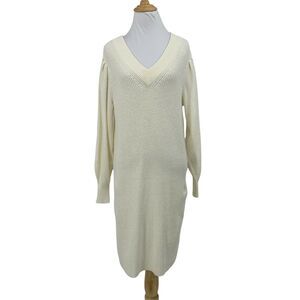 Chelsea & Violet Knit Sweater Dress Size XS Ivory Rib V Neck Stretch Puff Sleeve